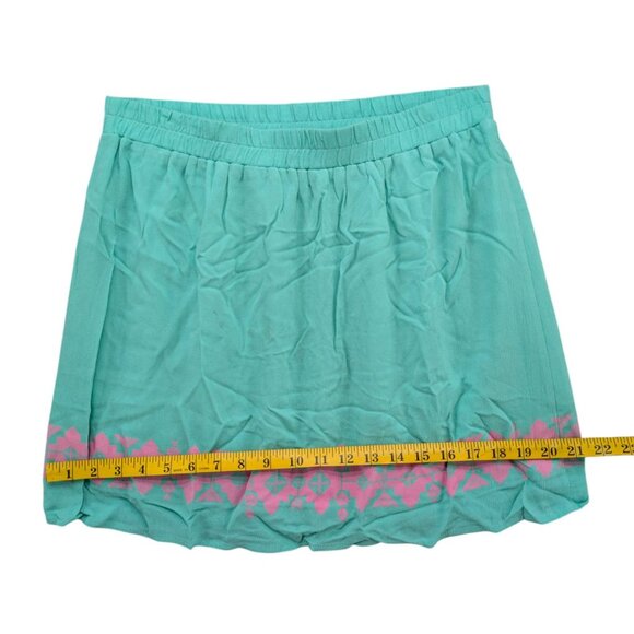 Buttons Mini Skirt Teal Green Pink Printed Pleated Lightweight Pull On Size M - Picture 6 of 7